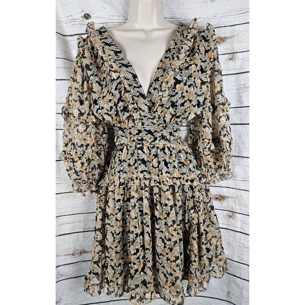 Anthropologie V-Neck Ruffle Cut Out Dress M Neutral Floral Motif Ruffled